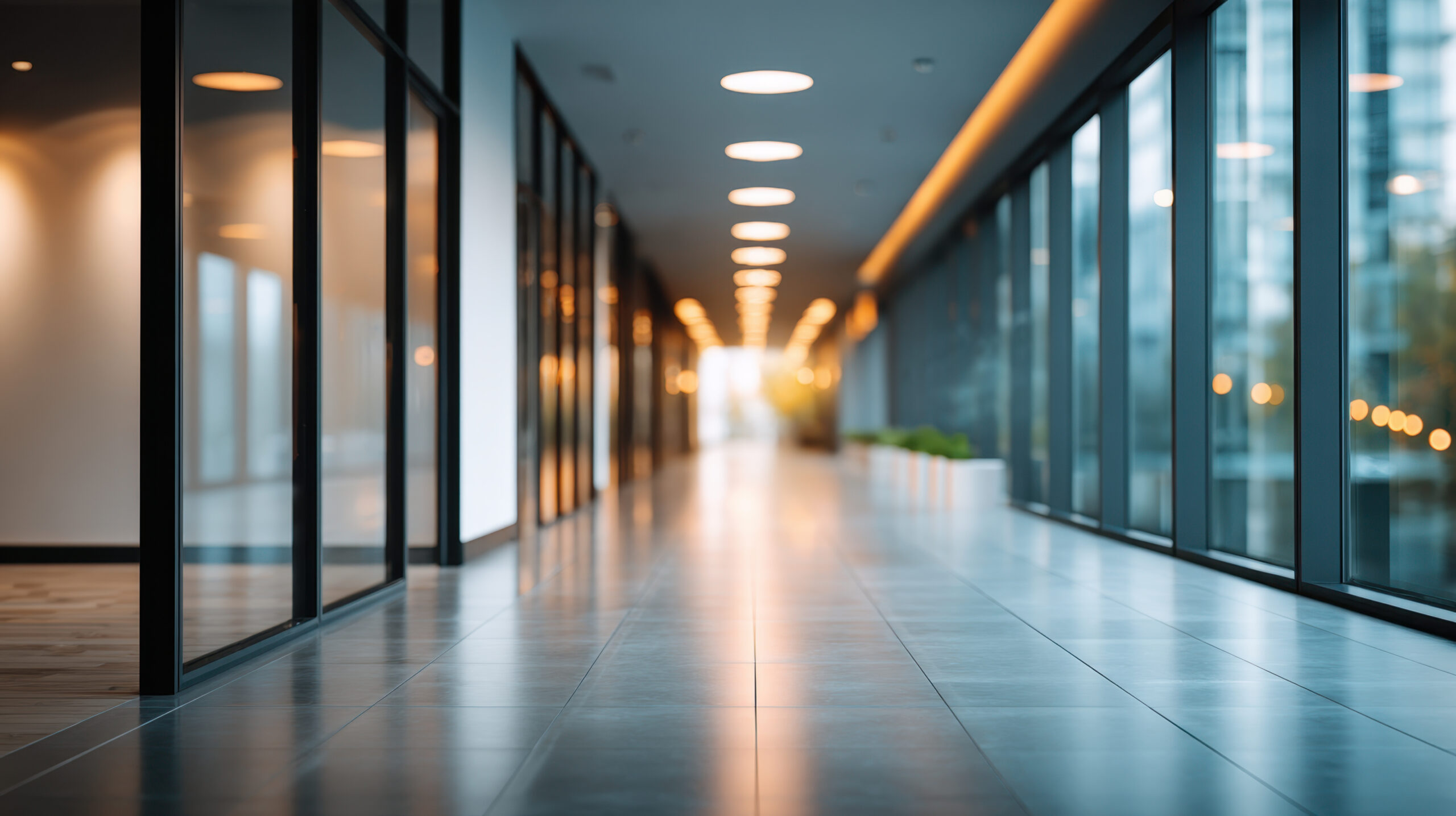 Modern office corridor glass partition hallway tile floor recessed ceiling lights natural light reflective surface clean minimalist interior warm glow