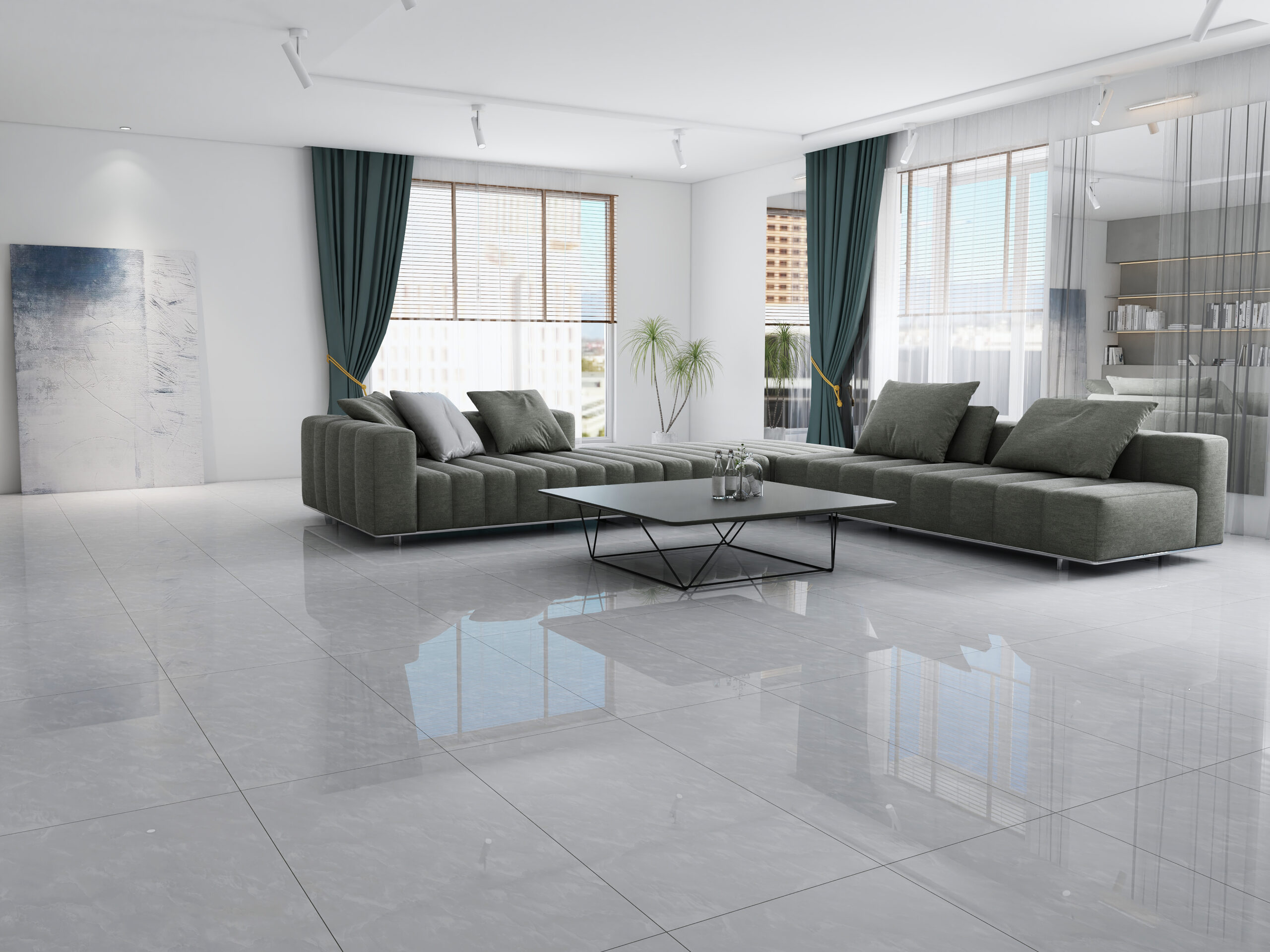 living room featuring a large window and a sleek white tile floor.